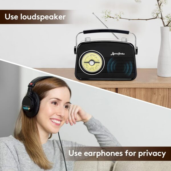 Black AM FM Radio - Small Portable Radios Vintage Retro With Headphone Jack, Large Analog Rotary Tuning Dial - Image 3