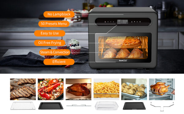 Geek Chef Steam Air Fryer Toast Oven Combo , 26 QT Steam Convection Oven Countertop , 50 Cooking Presets, With 6 Slice Toast, 12 In Pizza, Black Stainless Steel. - Image 5
