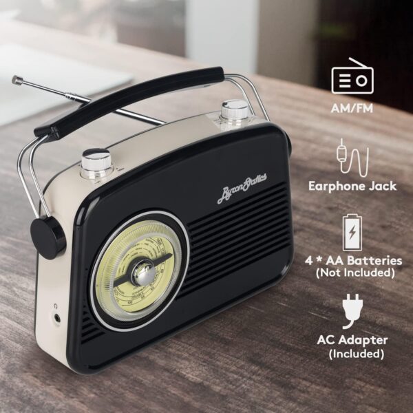 Black AM FM Radio - Small Portable Radios Vintage Retro With Headphone Jack, Large Analog Rotary Tuning Dial - Image 4