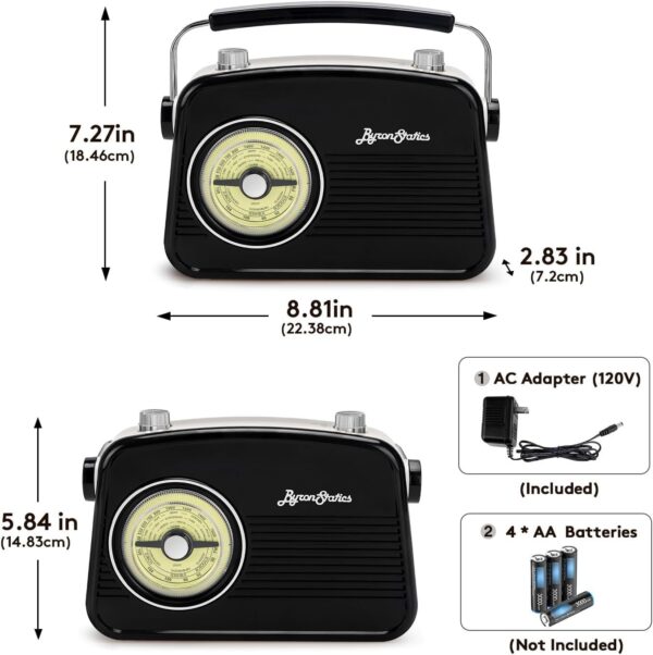 Black AM FM Radio - Small Portable Radios Vintage Retro With Headphone Jack, Large Analog Rotary Tuning Dial - Image 2